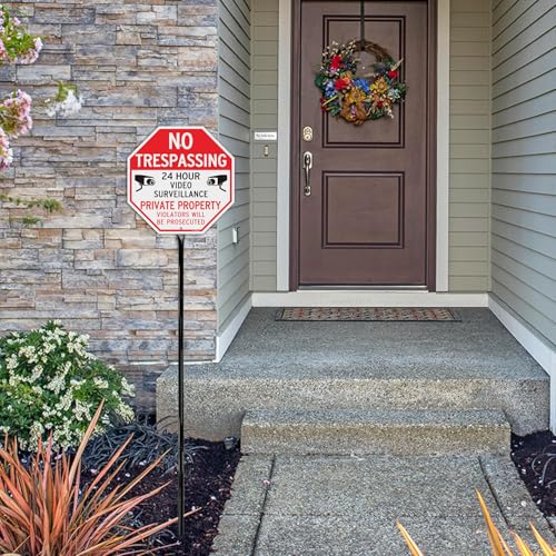 Image of T&R Large No Trespassing Private Property Sign Video Surveillance Sign with 54 inch Stake - 12 inchx12 inch .040 Rust Free Aluminum, Reflective, Waterproof and Fade Resistant, 2 pre-drilled holes, Includes Matching Screws & Wrench, Easy to Mount