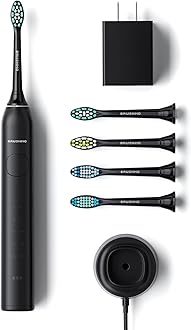 Brushmo Super Sonic Electric Toothbrush with 4 Replacement Heads - Rechargeable Electronic Tooth Brush for Adults with 5 Customizable Modes - IPX7 Waterproof & Long-Lasting Battery - Black