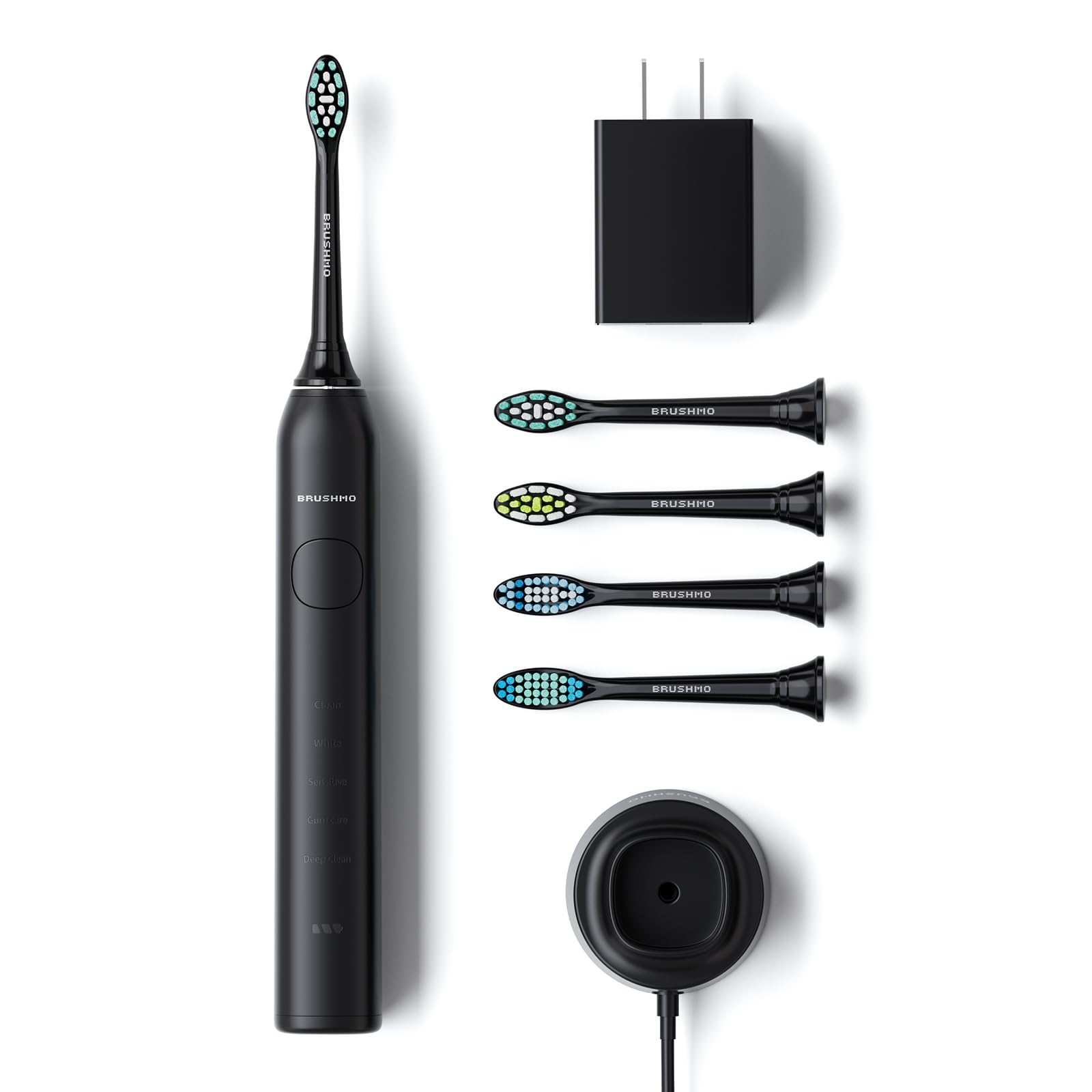 Brushmo Super Sonic Electric Toothbrush with 4 Replacement Heads - Rechargeable Electronic Tooth Brush for Adults with 5 Customizable Modes - IPX7 Waterproof & Long-Lasting Battery - Black