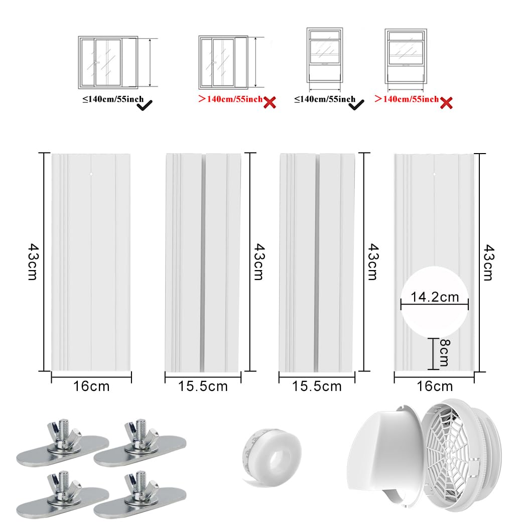 Kit de Sellado de respiradero de Ventana de Aire Acondicionado - para Manguera de Escape de 13 cm y 15 cm, para Ventana Vertical y Horizontal de 43-140 cm - sin Manguera