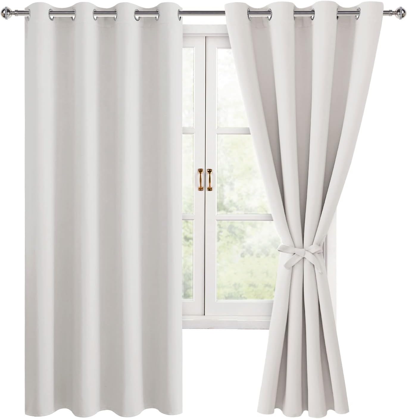 Hiasan Blackout Curtains for Bedroom, 52 x 63 Inches Length - Thermal Insulated & Light Blocking Window Curtains for Living Room/Kids Room, 2 Drape Panels Sewn with Tiebacks, Ivory