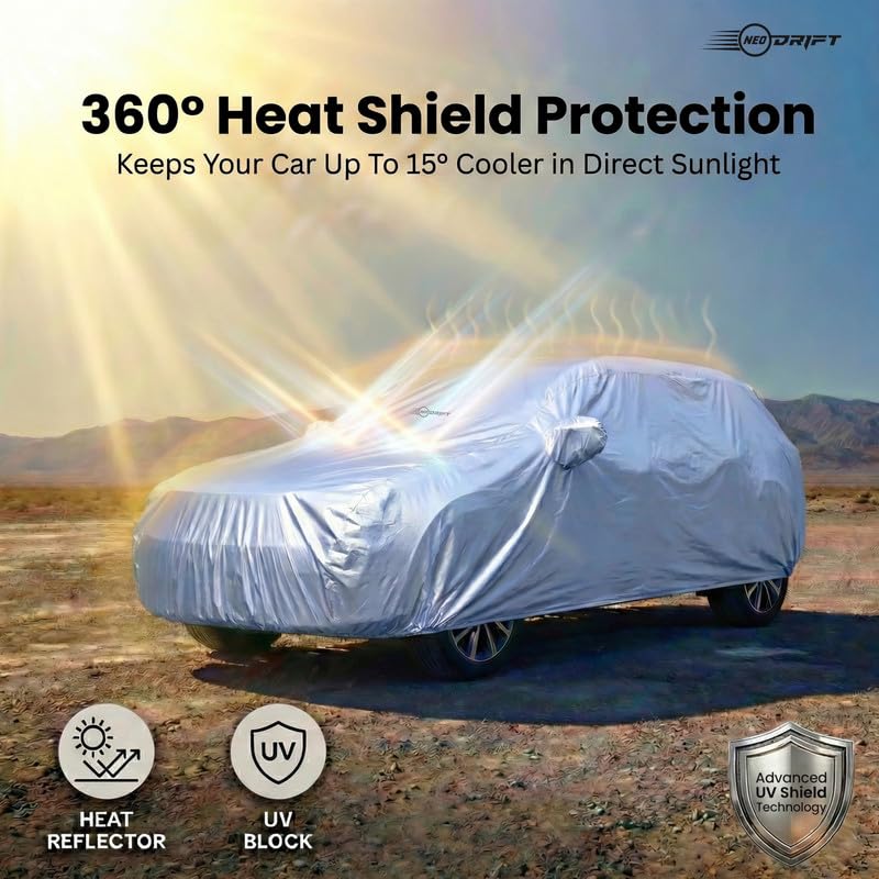 Image of NEODRIFT 'SilverTech' Car Cover for Maruti Suzuki S-Cross (All Weather Protection, Precision-Fit & Breathable Fabric, 100% Water-Resistant, Tailored Fit) (Colour: Silver)