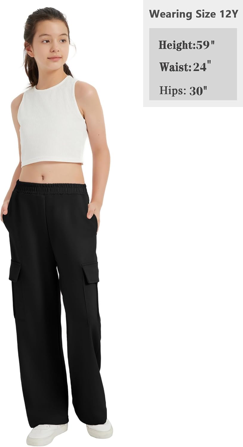 EXARUS Girls Sweatpants with Cargo Pockets Elastic Waistband Wide Leg Causal Kids High Waisted Pants 6-14Y - Image 5