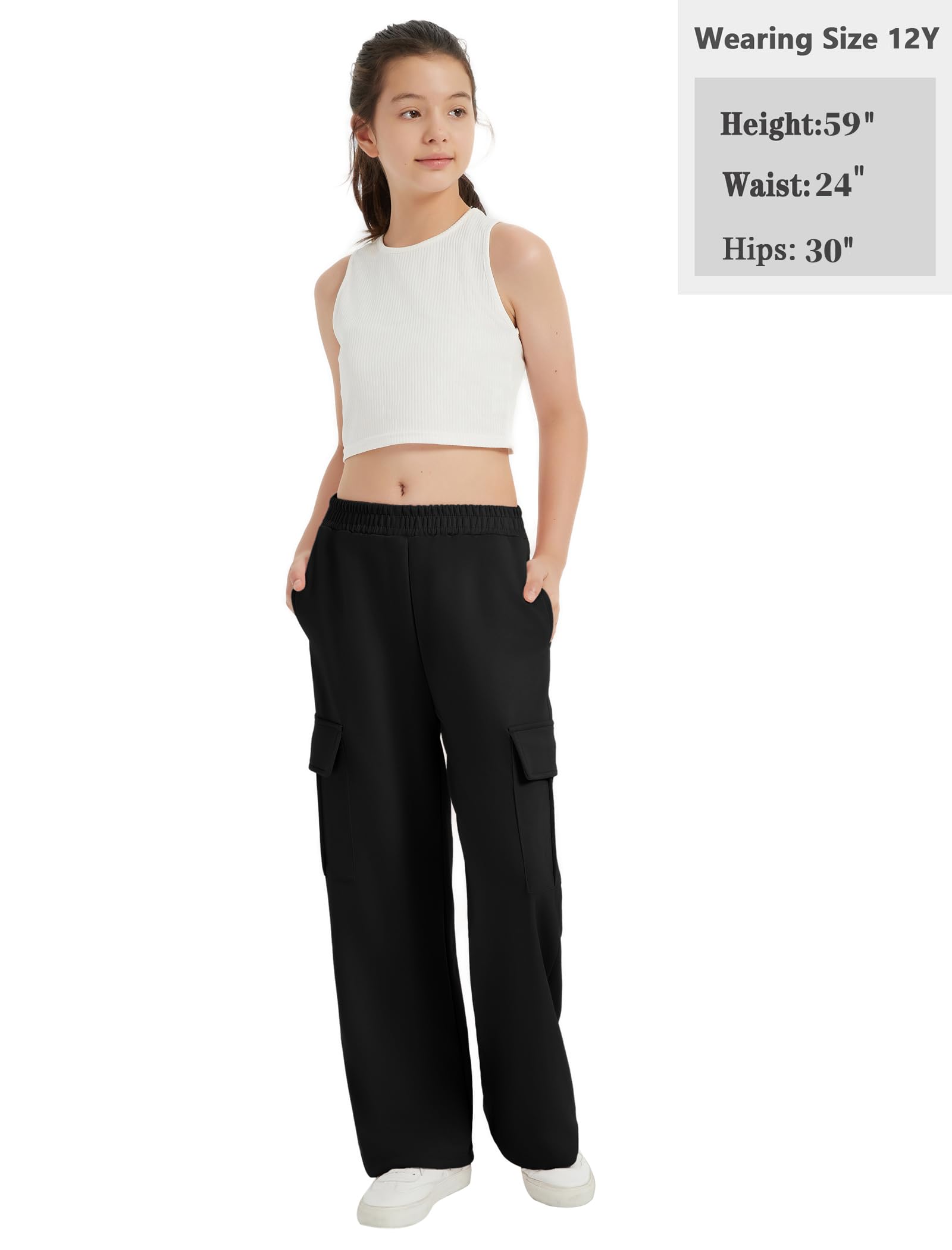 EXARUS Pantalones deportivos para niñas con bolsillos tipo cargo, cintura elástica, pierna ancha, pantalones casuales de cintura alta para niños de 6 a 14 años