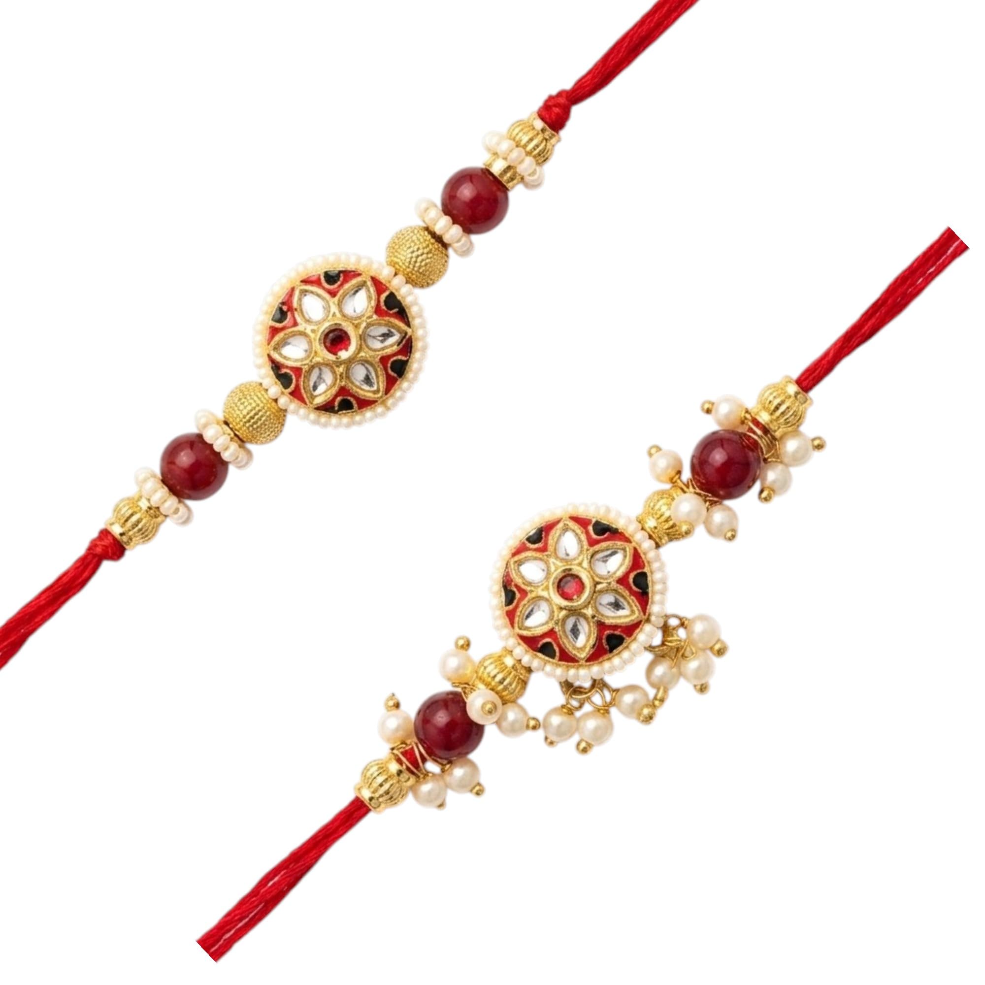 Bhaiya Bhabhi Rakhi Set: Traditional Handcrafted Meenakari Lumba Set for Brother & Sister-in-Law | Decorative Red Thread & Pearl Cluster | Auspicious Gifting for Raksha Bandhan-image-49