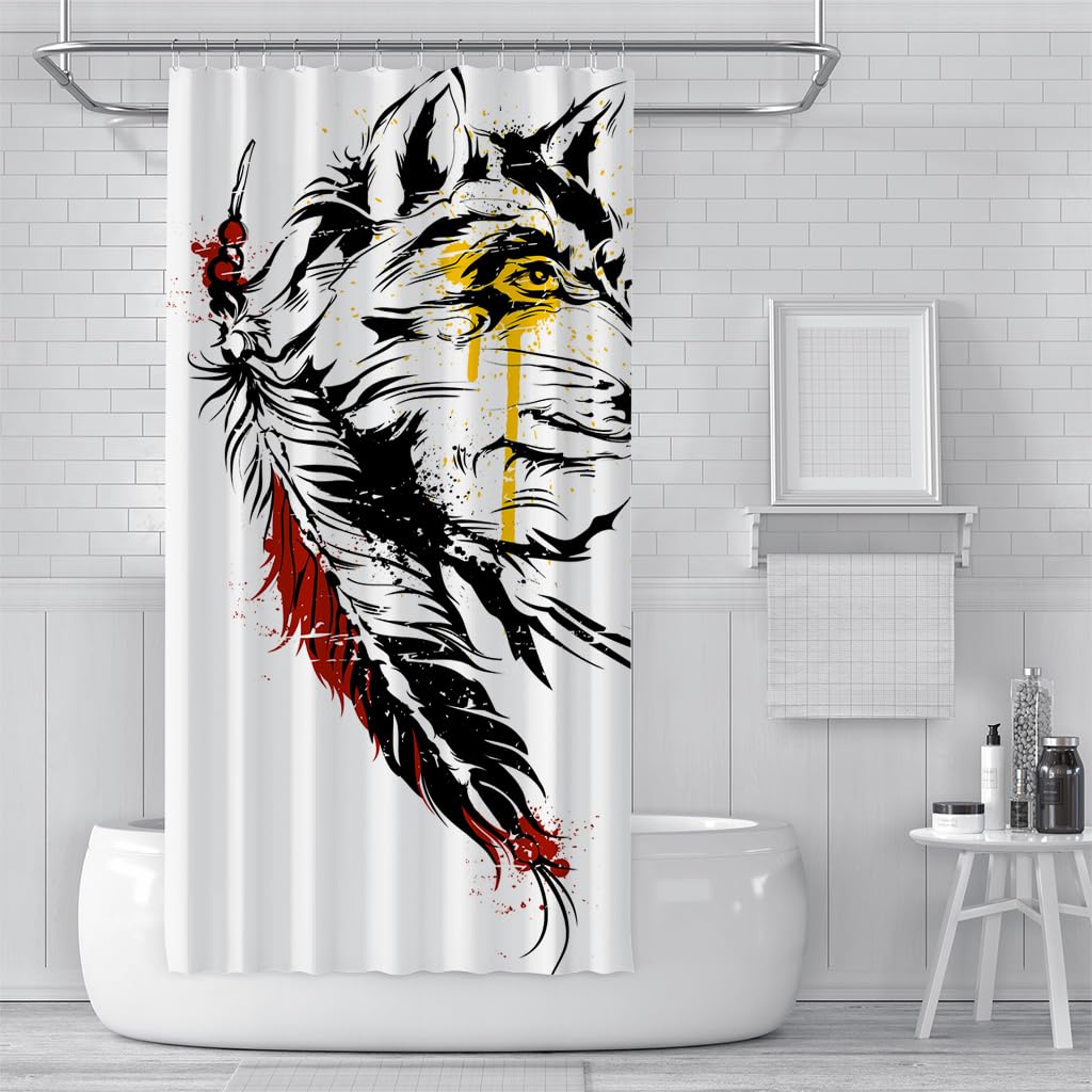 Cortina de Ducha 240 x 200 cm con Estampado de Lobo para Niños, Estilo Bohemio, con Diseño de Pintura en Tinta, Color Blanco, con Ganchos, Impermeable y de Secado Rápido, 240 x 200 cm (1 Paneles).
