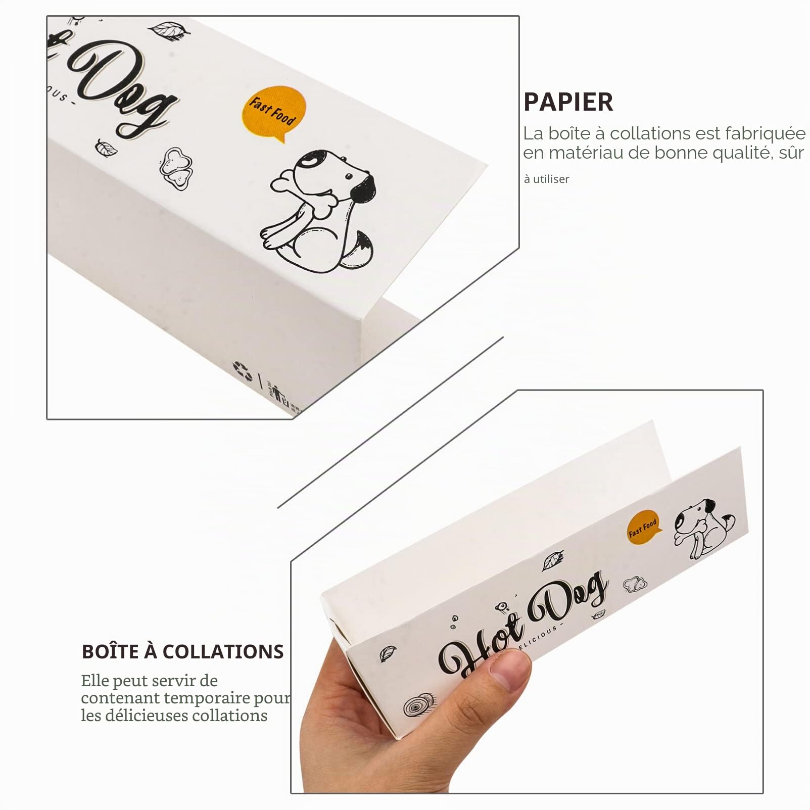 Lot de 100 plateaux jetables pour hot-dog - Pour les fêtes - Papier blanc