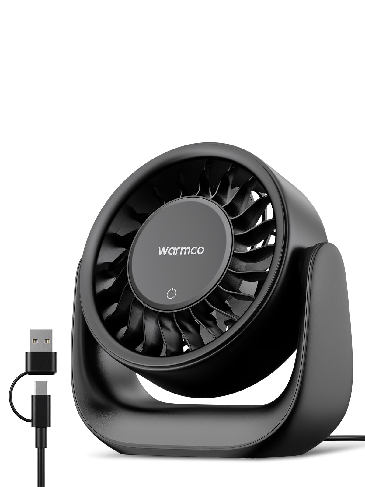 Warmco USB Desk Fan with Touch Control, (USB Powered Only, No Battery) Small Personal Desktop Fan, USB-A & USB-C Plug, 3 Speeds Strong Airflow, Quiet Table Fans for Home Office Dorm