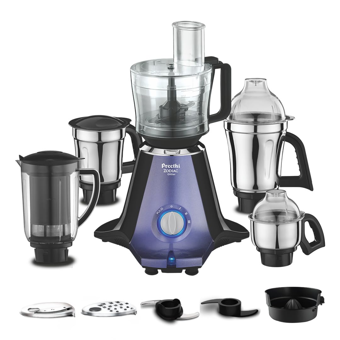 Zodiac Glitter MG 264, 750 Watt Mixer Grinder, 5 Jars (3 Stainless steel Jars +1 Juicer Jar+1 Master Chef Plus Food processor Jar), Lavender/Black
