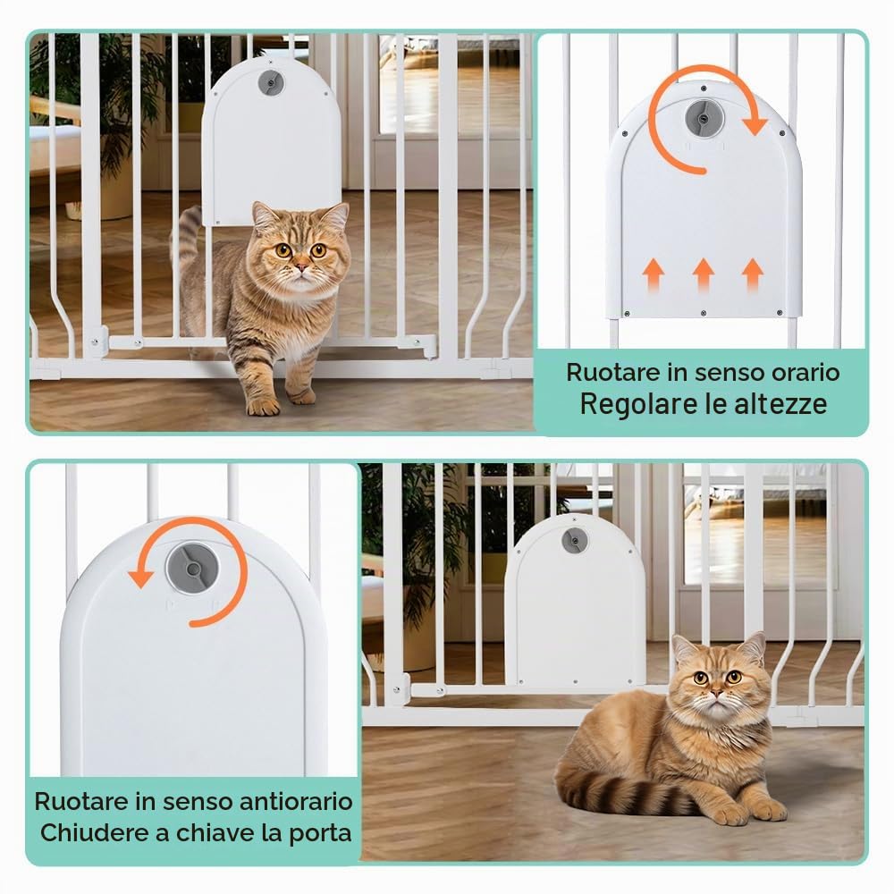COMOMY Cancelletto per Bambini con Porta per Gatti Regolabile, Cancelletto per Gatti In Extra Largo da 75 a 123cm, Cancelletto per Cani a Chiusura Automatica con Porta per Animali (Alto 76cm, Bianco)