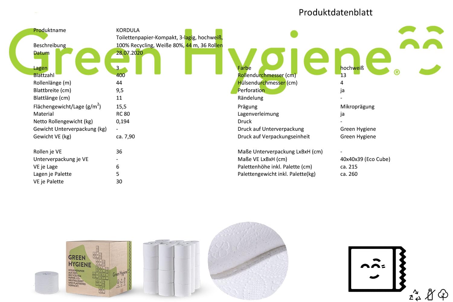 Papel higiénico Kordula 90639, sin plástico, 100% reciclado, 3 capas, color blanco brillante, 36 rollos de 400 hojas