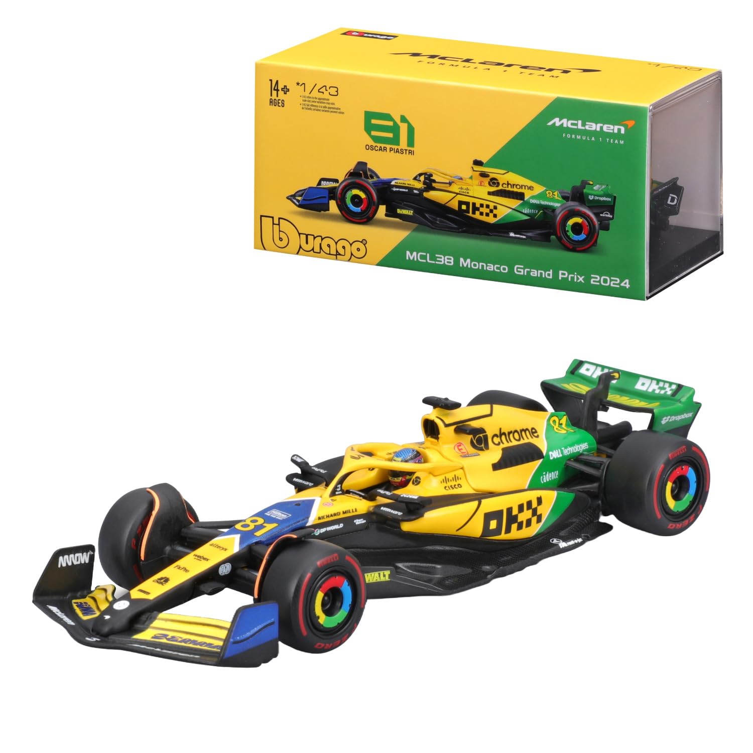 Bburago F1 Formula 1 MCLAREN MCL38 (2024) WITH HELMET- NORRIS- SENNA LIVERY - 1:43 Scale - Incredibly Detailed Die-Cast Replica Collectible Race Car Model, Multiple Colours