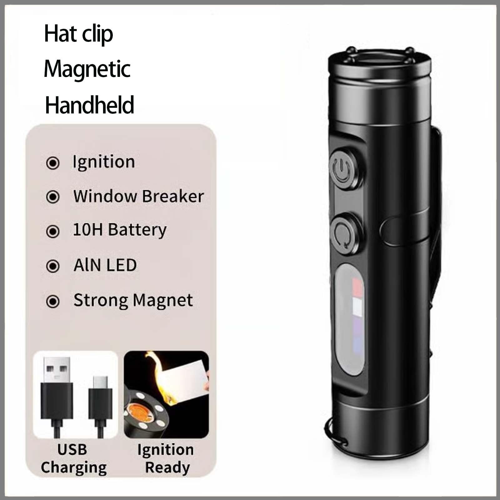Genérico Linterna EDC Recargable de Bolsillo, Minilinterna 6 en 1, Recargable, Llavero, Luz COB de 500 Lúmenes con Miniluz UV y Encendedor, Base Magnética, Rompeventanas(Negro,Regular Version)