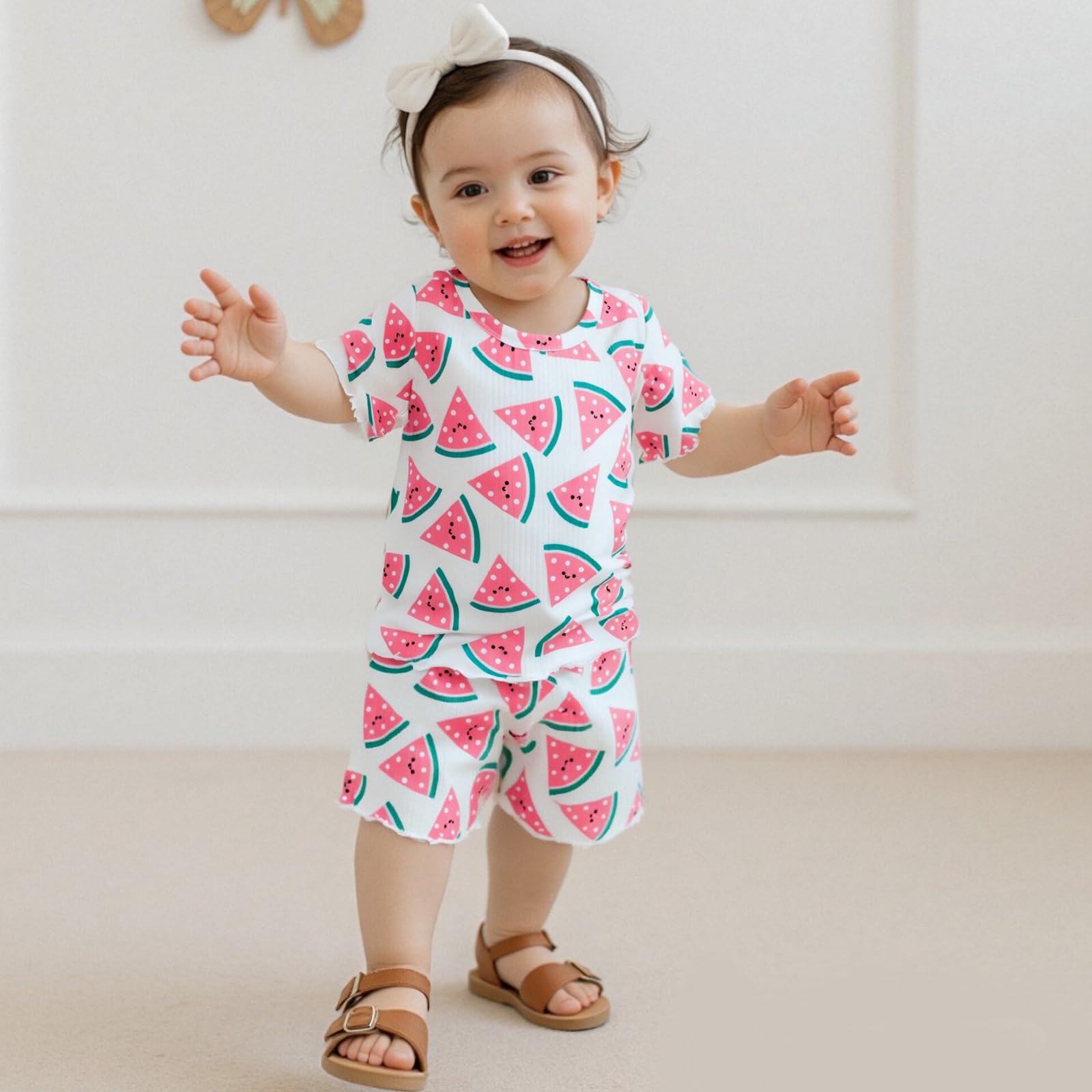 Geogenry Toddler Baby Girls Summer Clothes Set Kids Watermelon Print Short Sleeve T-shirt Shorts Toddler Clothes 2PCS Set (Red, 0-6 Months)