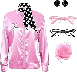 GWAWG Pink Ladies Jacket Grease Fancy Dress Women,Lady Jackets Adults with 1950s Accessories,50s Ladys Pink Satin Jacket for Women Halloween Christmas Carnival 80s Party