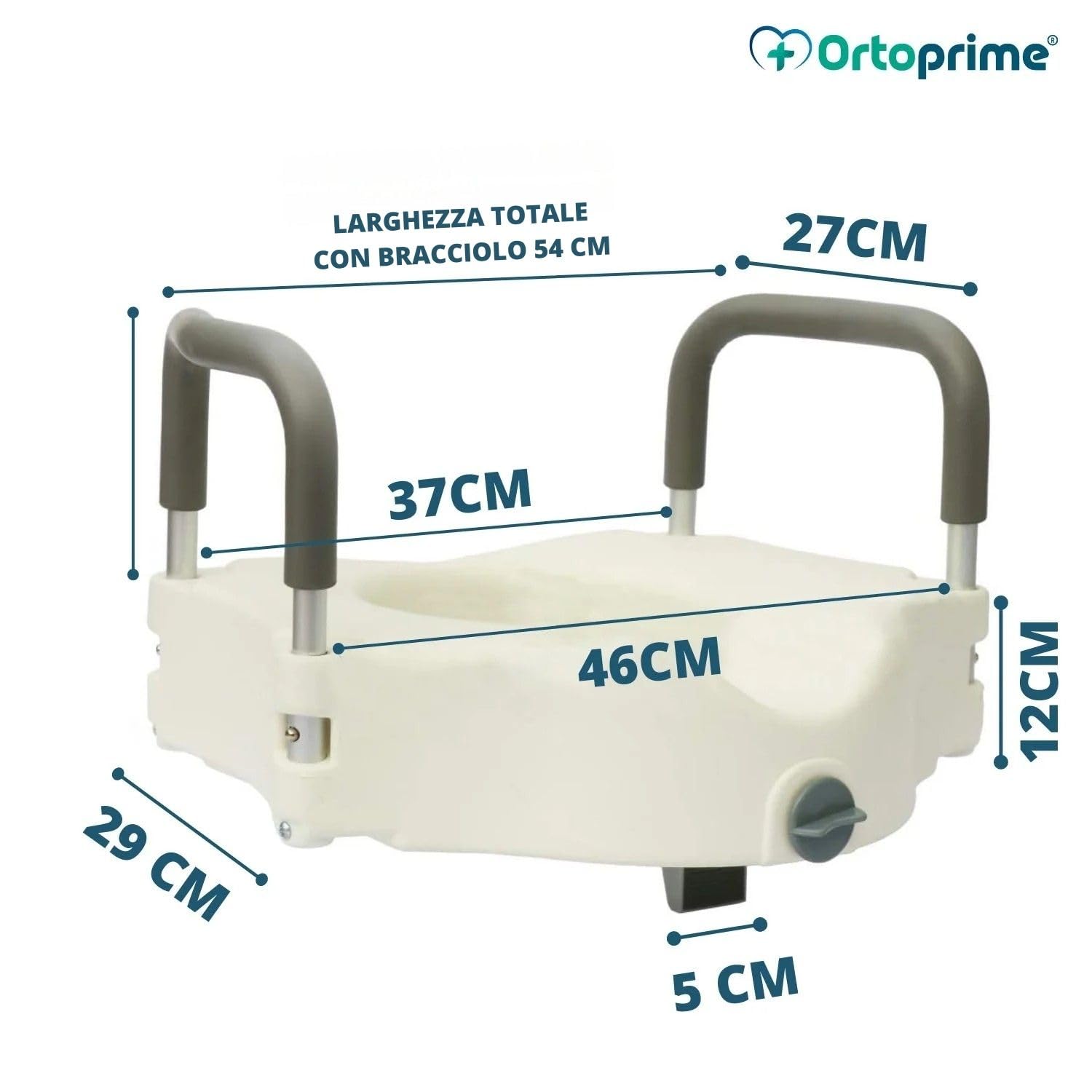 OrtoPrime Rialzo per WC con Braccioli Imbottiti – Rialzo WC Altezza 12 cm – Sedile WC Rialzato per Disabili – Alzawater per Anziani con Fissaggio di Sicurezza – Water Disabili Ortopedico