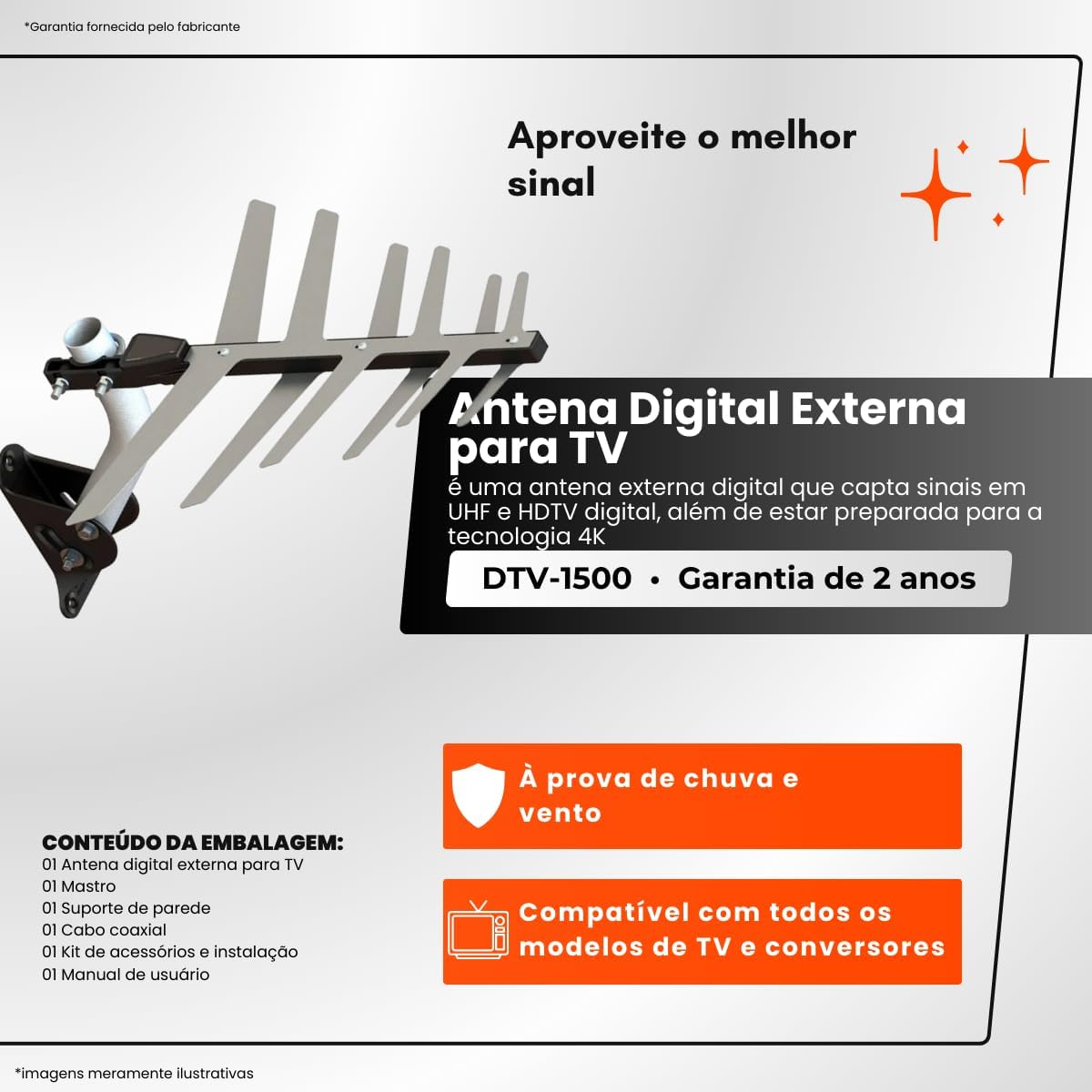 Antena Externa Digital para TV 2 em 1 Completa, Aquario, DTV-1500, Prata, Médio