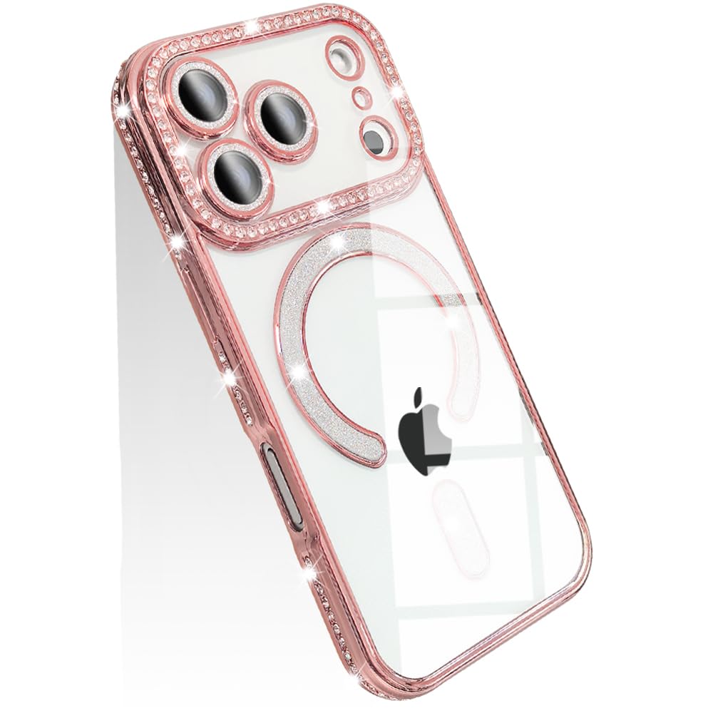 JOOBOY スマホケース 対応 iPhone 17 Pro Max クリア ケース 透明 メッキ加工 Magsafe対応 きらきら ブリンブリン 衝撃吸収 かわいい キラキラ 女性 人気 キャラクター ワイヤレス充電対応 おしゃれ ストラップホール付き アイフォン17プロマックス 携帯カバー (ピンク)