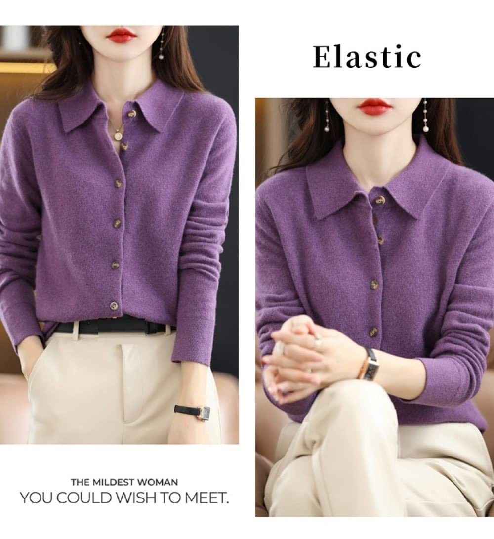 EIBA Chaqueta Mujer Cárdigans De Punto para Mujer Moda Liso Cuello Morado Botón De Solapa Suéteres Delanteros Abiertos Cárdigan Otoño Invierno Suave Y Acogedor Abrigo Básico De Punto