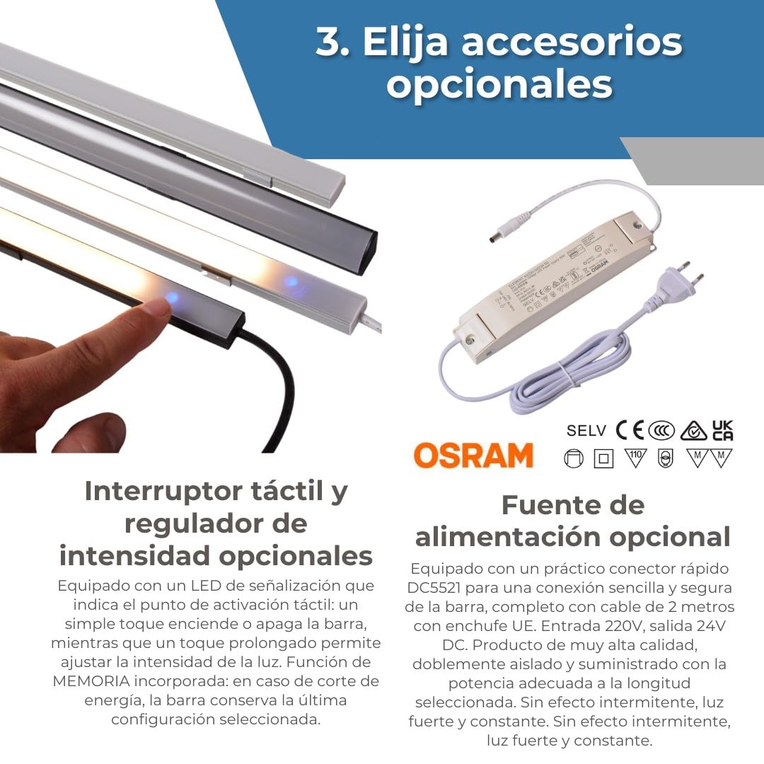 AFTERTECH Barra LED Perfil Plano de Aluminio NEGRO al centímetro de 20 a 300cm en UNA SOLA PIEZA - LUZ POTENTE 19,2w/m 180led/m - PERSONALIZABLE Bajo Mueble de Cocina