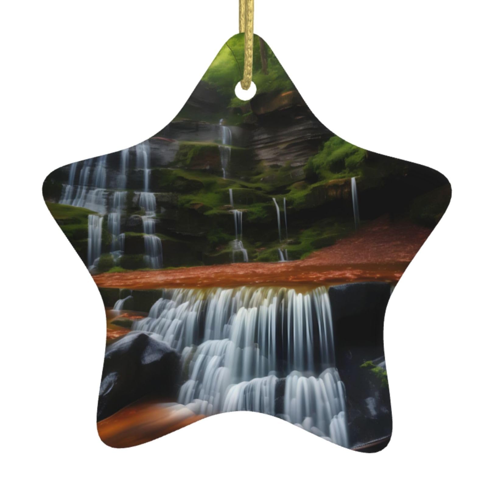Waterfall View Christmas Ceramic Star Pendant with Punched Holes and Gold Wire Rope, Christmas Tree Home Decoration