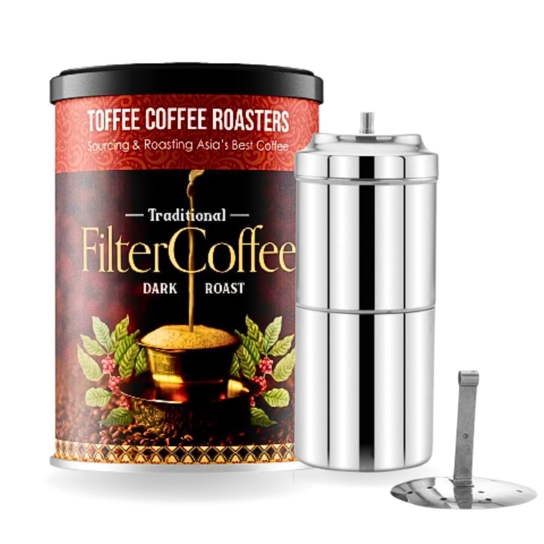 Toffee Coffee Roasters | South Indian Filter Coffee (200 gms) + Free Filter Coffee Maker (220ml, 3-4Cups) | As Seen On Shark Tank | Specialty Blend | Traditional Dark Roast Signature Filter Coffee