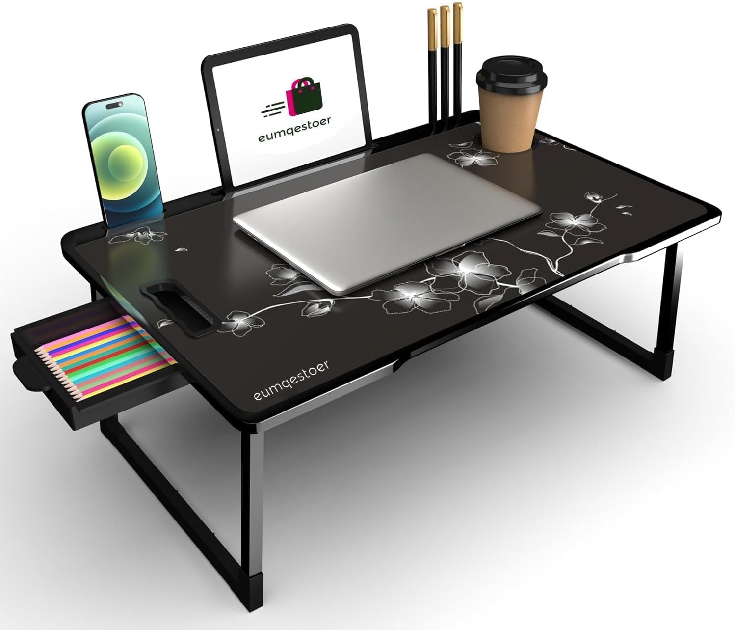 Engineered Wood Multipurpose Foldable Laptop Table with Cup Holder | Table Home Study Writing Table, Foldable and Portable/Ergonomic Edges (FLOWER COTED 1)