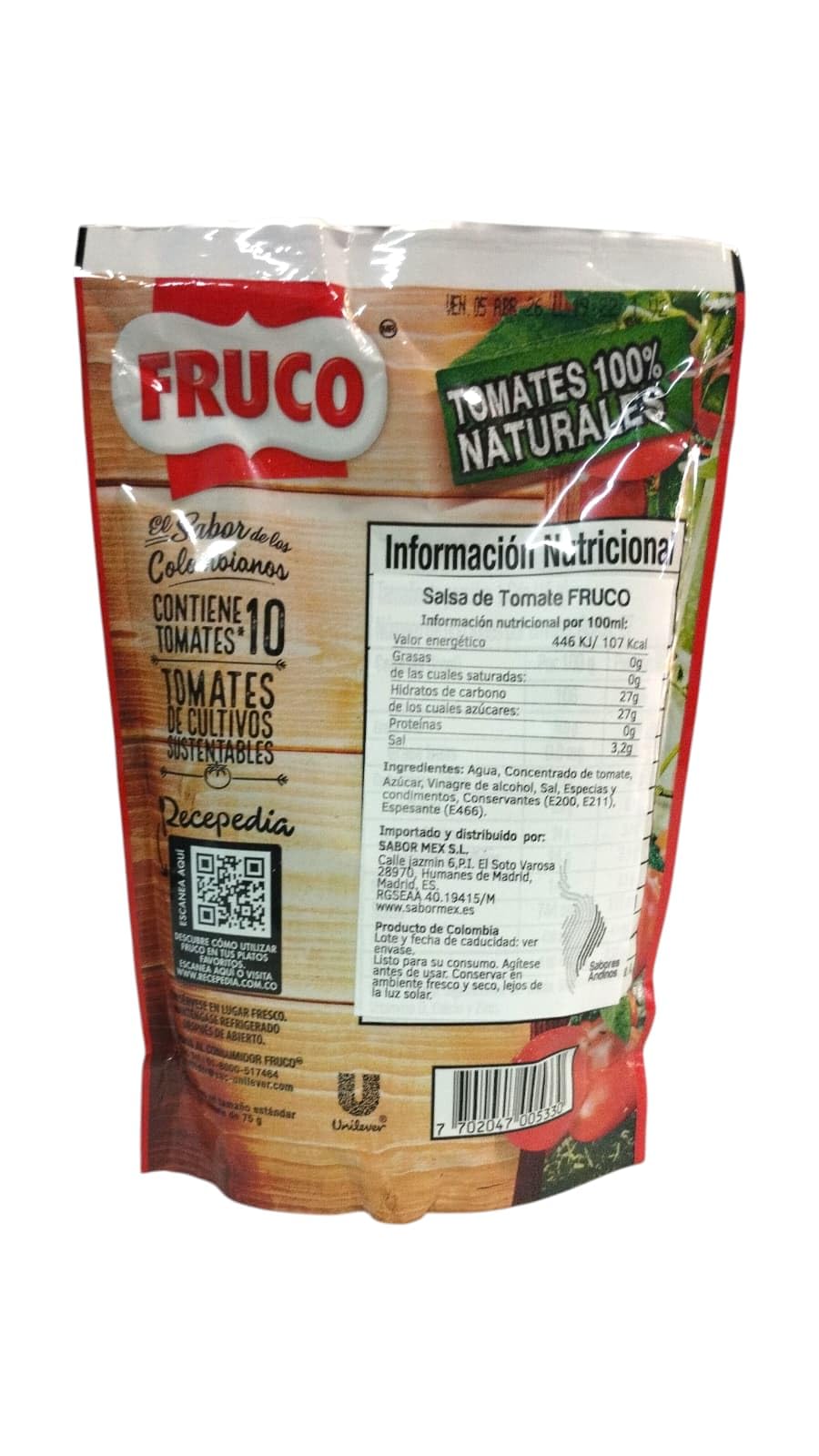 SALSA DE TOMATE - FRUCO - SALSA DE TOMATES COLOMBIANA - TOMATE 100% NATURALES - 400 GRAMOS