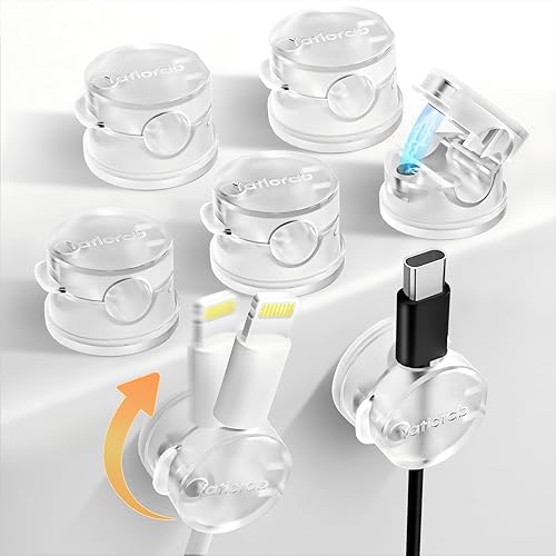 Miniatura 7 de Soporte magnético para cables para escritorio y mesita de noche, paquete de 7 clips de cable giratorios de 360°, adhesivo fuerte, se adapta a Negro