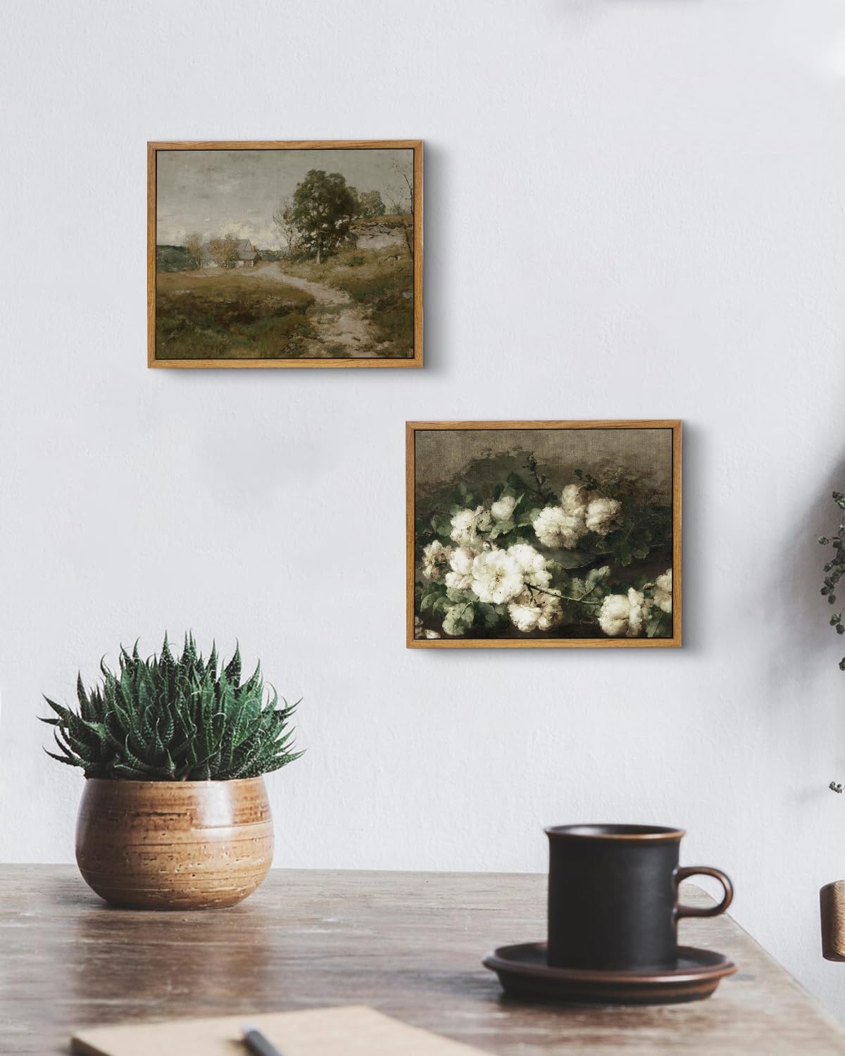 VIYYIEA 2 Pcs Vintage Framed Wall Art, Country Road and White Flower Painting Decor Aesthetic, Small Canvas Print Artwork, Farmhouse Landscape Wall Pictures for Bedroom Barthroom, 9x11 Inch,Set of 2