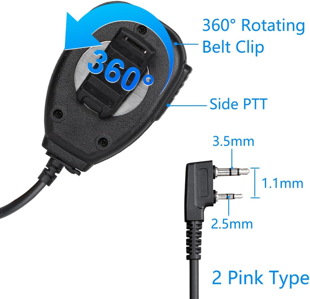 Rear view of the speaker microphone showing the 360-degree rotating belt clip and the side Push-to-Talk (PTT) button.