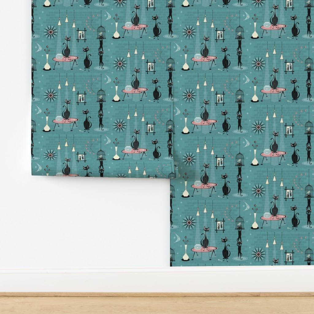 Peel & Stick Wallpaper Swatch - Mid Century Kitty Retro Birds Fish Cat Kitten 1950S Cats Custom Removable Wallpaper by Spoonflower