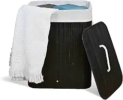 Cesto De Roupa Suja com Alças Em Bambu Com Tampa Forrado Banheiro Lavanderia Quarto