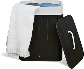 Cesto De Roupa Suja com Alças Em Bambu Com Tampa Forrado Banheiro Lavanderia Quarto