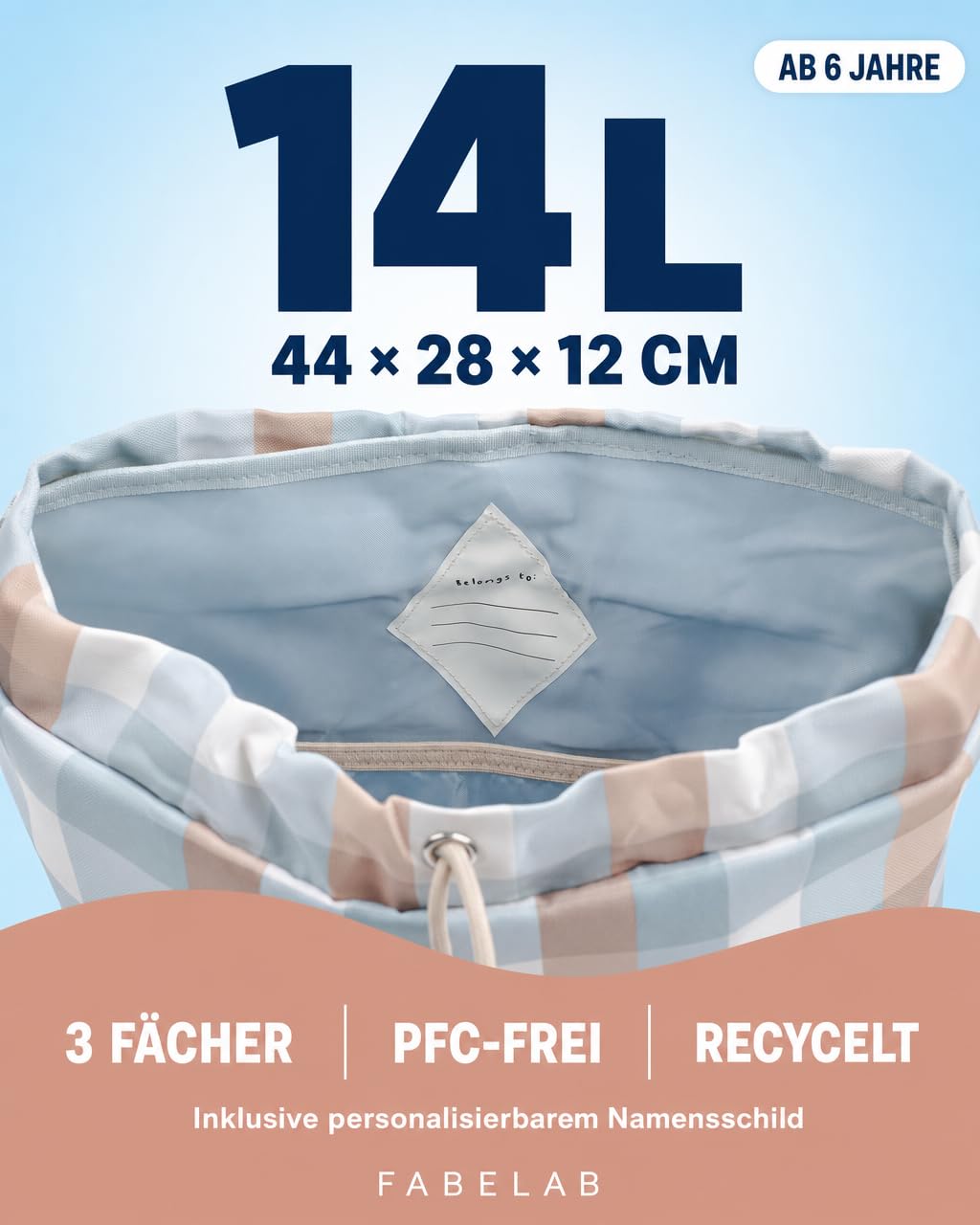 Fabelab Zaino per bambini, zaino per l'asilo, zaino per bambini a partire dai 6 anni, in 100% poliestere riciclato, zaino per la scuola, zaino per bambini con capacità di 14 l