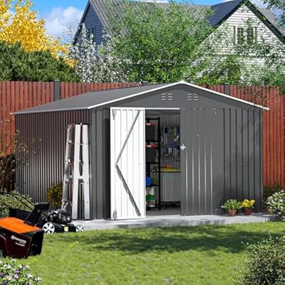 LISHANMY 10' x 12' Steel Outdoor Storage Shed, Lockable Doors, Heavy-Duty Tool House for Garden and Patio, Gray