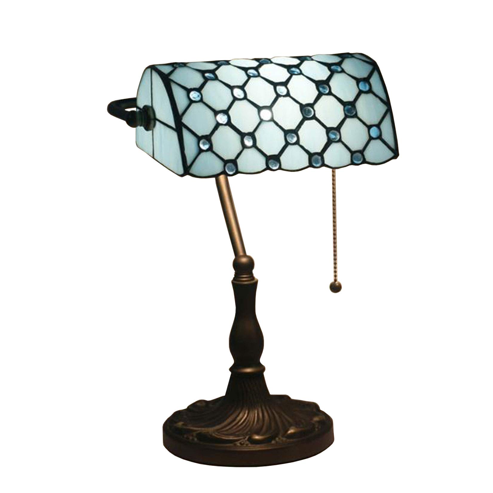 Lampa bankierska z witrażowym abażurem 25 cm z kryształowymi koralikami, lampa biurkowa w stylu vintage, do czytania, pracy, ręcznie robiony prezent, zielona niespodzianka (niebieska)