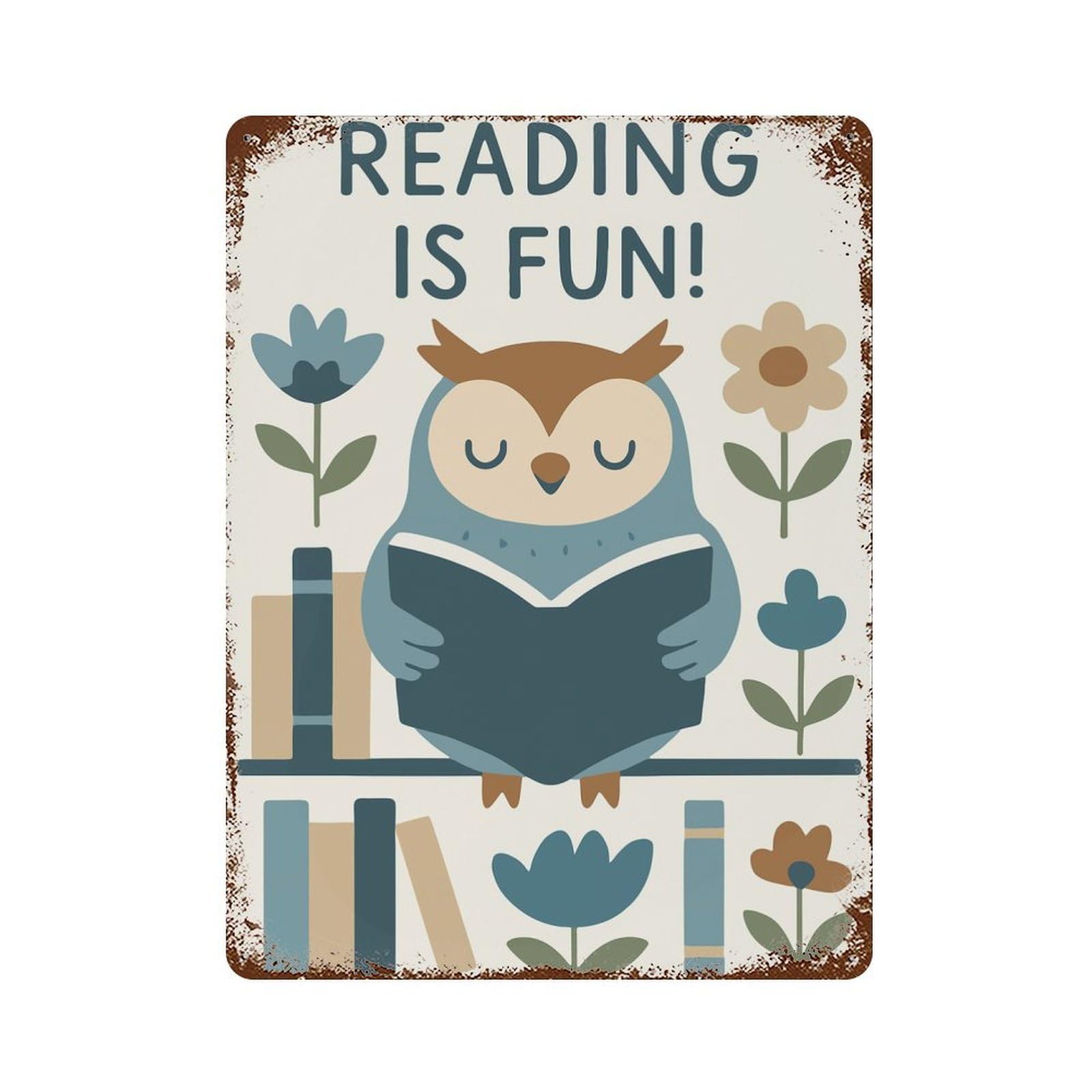Reading Is Fun Owl Illustration 15.7"x11.8" Distressed Metal Wall Sign, Shabby Chic Decor for Shed, Workshop And Garage Wall Decor