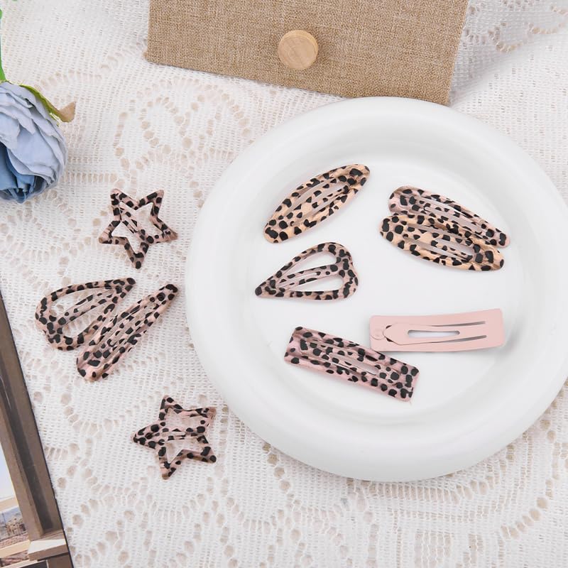 Set de 10 pinzas para el cabello con estampado de leopardo en metal, estilo Y2K con formas de estrella, corazón y gotas de agua miniatura 6