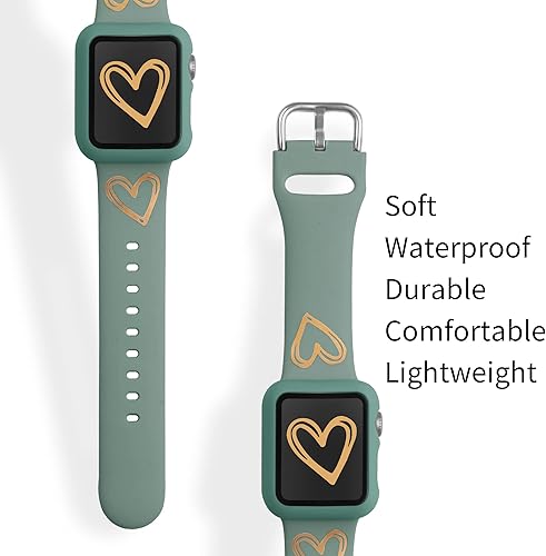 Miniatura 5 de STARAMZ Correa de silicona suave compatible con correas de Apple Watch de 1.614in, 1.575in, 1.496in, silicona suave con patrón de corazón dorado