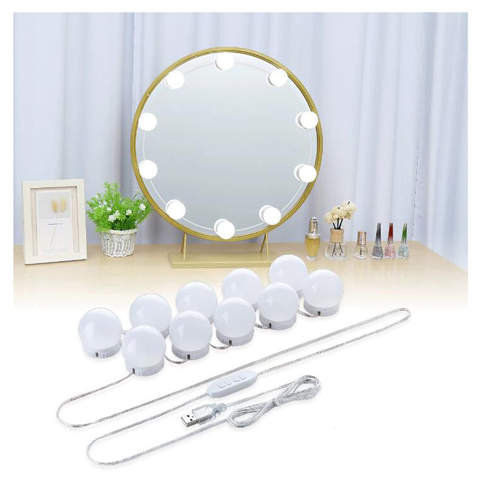 Lampes de Miroir Den Lampes de Miroir de Courtoisie, Lampes de Maquillage Pour Coiffeuse, Kit de Bandes Lumineuses À Led, Gradateur Et Adaptateur Secteur, 10 Ampoules, Miroir Non Inclus