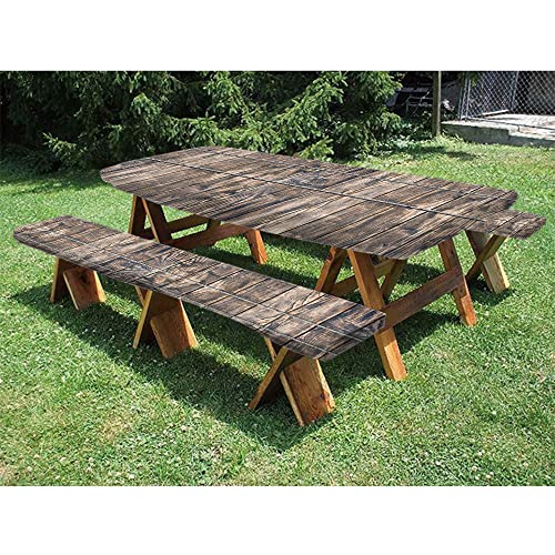 Mantel rústico de poliéster de 72 pulgadas para mesa de picnic y banco, imagen de tablones de madera con tornillos y clavos, impresión de cabaña de troncos temática de granja, para fiestas de picnic