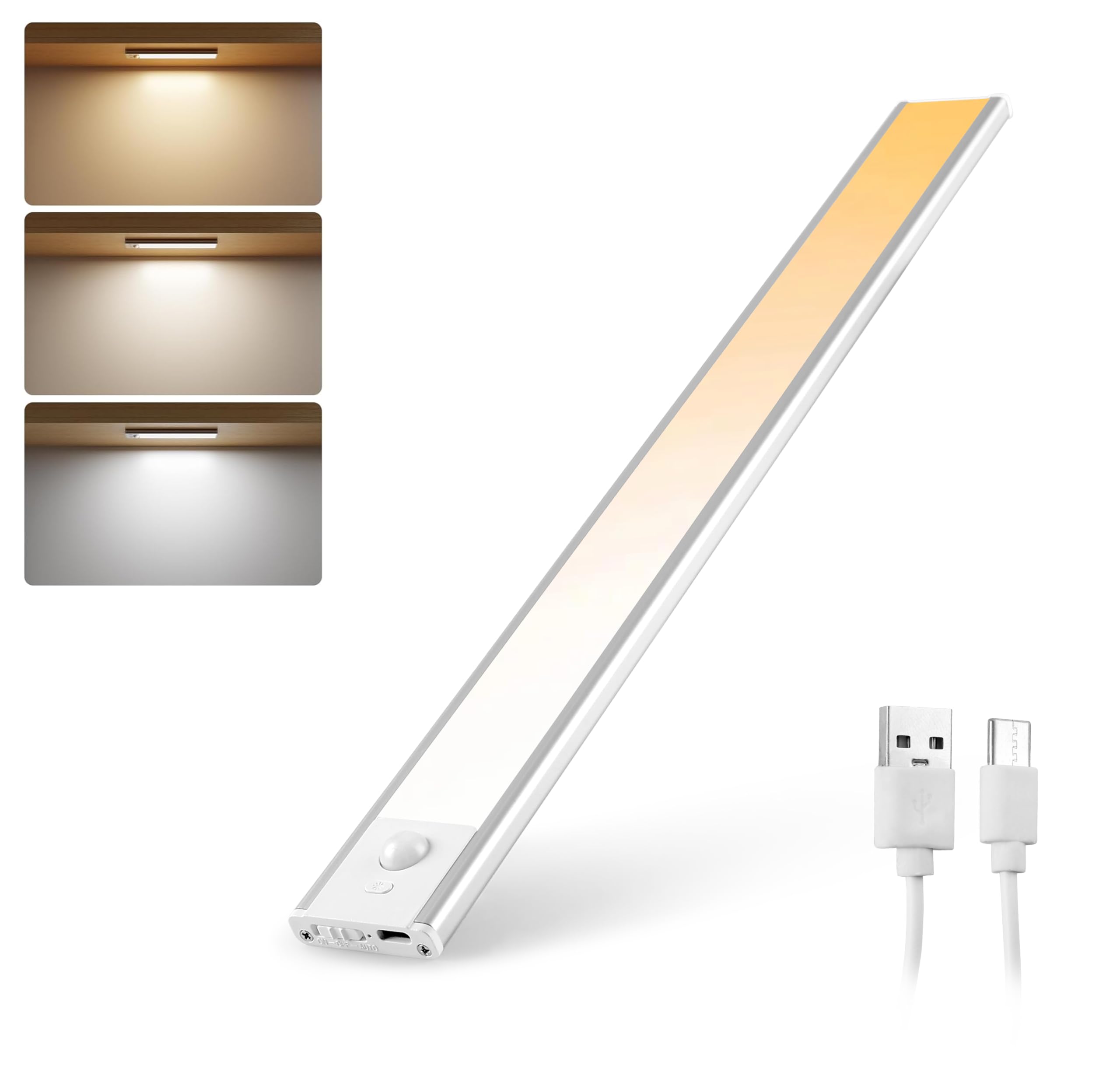 gesto silver 40 cm rechargeable motion sensor led light for wardrobe – 3 color modes magnetic closet light with stepless dimming for under counter| under cabinet light,kitchen light,cupboard lights