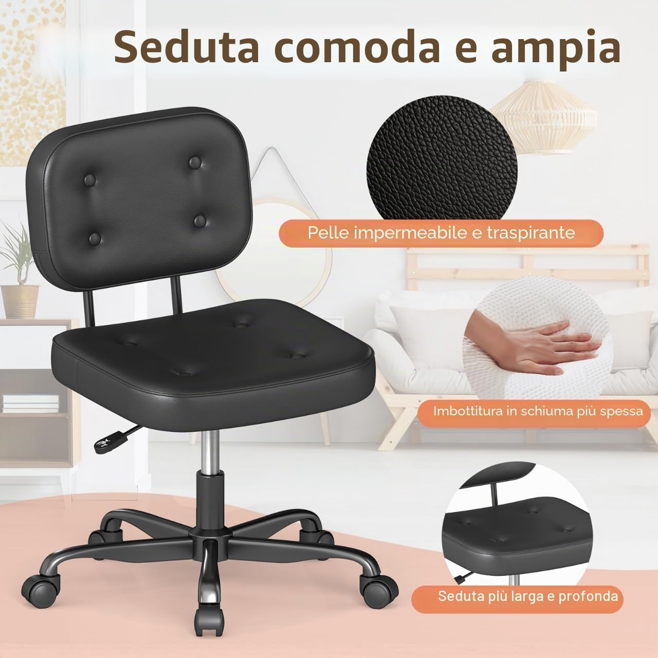 AnyGod Sedia Da Scrivania Senza Braccioli per Ufficio Domestico, Sedile Girevole Compatto con Altezza Regolabile e Ruote, Sedia Ergonomica A Schienale Basso in Pelle PU Nera