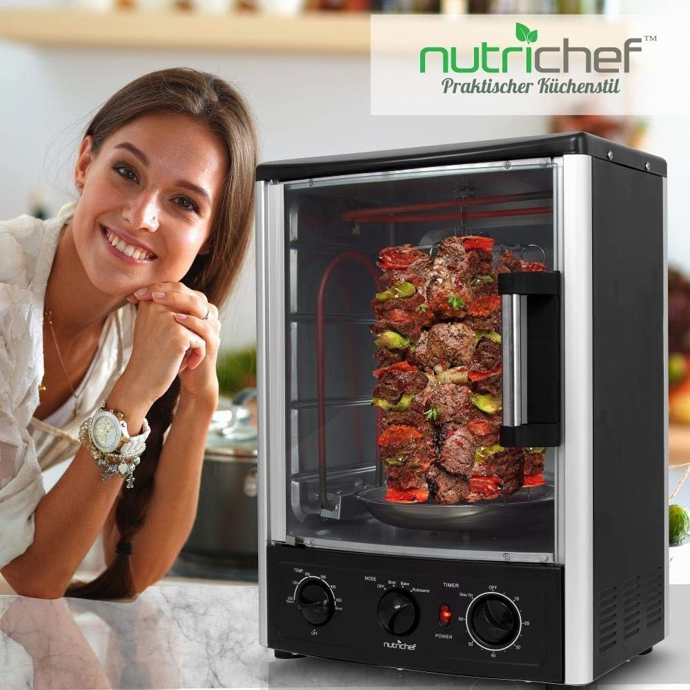 NutriChef Heißluft-Multiofen mit Drehspieß – 23 L Mini-Backofen mit Umluft und Grillfunktion Dönergrill für Zuhause, Kebab und Hähnchengrill, Kompakter Elektroofen mit Timer und Temperaturregelung