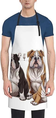 RLDOBOFE Delantal con estampado de bulldogs ingleses, delantal impermeable con correa ajustable para el cuello, delantal de cocina, babero de chef