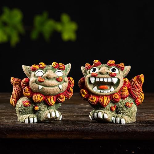 Qyuena Beijing Fu Foo Dogs Figurine Mini Guardian Lion Light House Decoration Housewarming Feng Shui Decor Lucky Wealth and Prosperity (Sand Grey, Small)