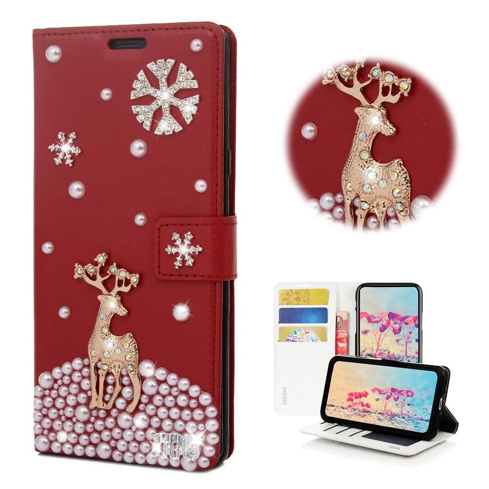 STENES Bling Wallet Phone Case Compatible with T-Mobile REVVL 7 Pro 5G Case - Stylish - 3D Handmade Snow Deer Design Magnetic Wallet Stand Girls Women Leather Cover - Red