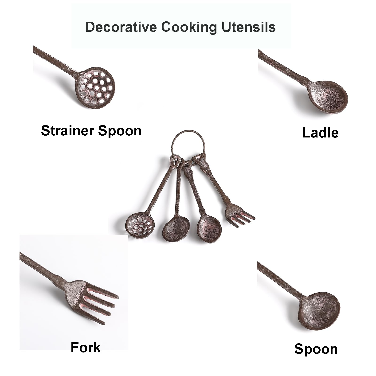WEMPOLU Vintage Kitchen Utensils Set - Wall Mounted Decor for Restaurant Dinning room - Cast Iron Fork, Spoon, Ladle and Strainer