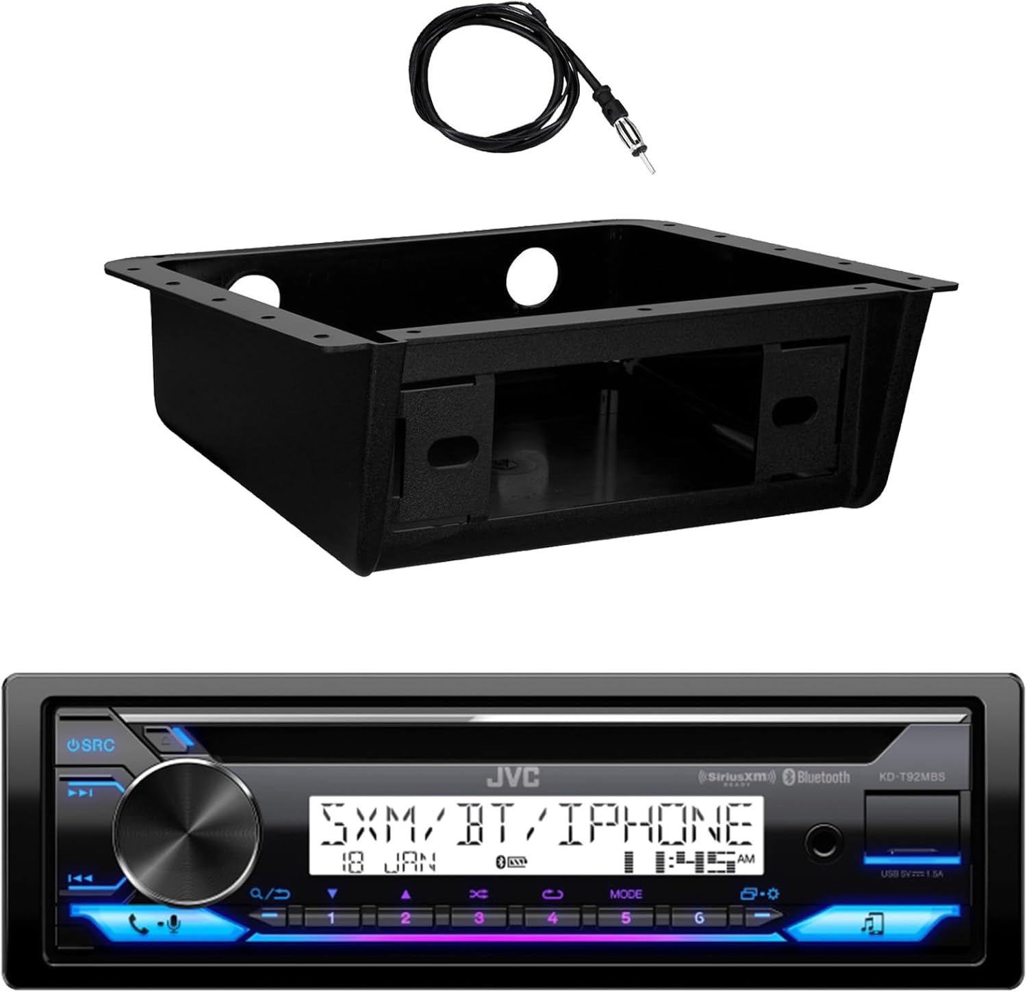 JVC KD-T92MBS Single DIN Marine Motorsports Bluetooth USB/AUX CD Player AM/FM Radio Stereo Receiver W/Fully Enclosed Under Dash/Overhead Installation Mounting Kit, 22" Radio Antenna